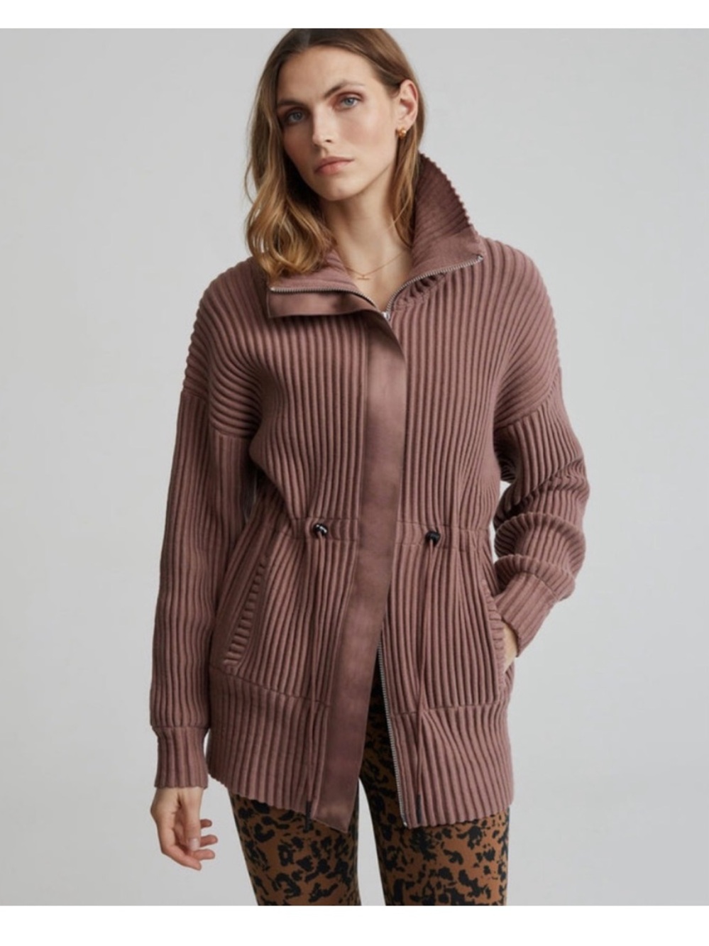 Varley Greenfield Jacket in True Knit Sz Large Ribbed Nutmeg